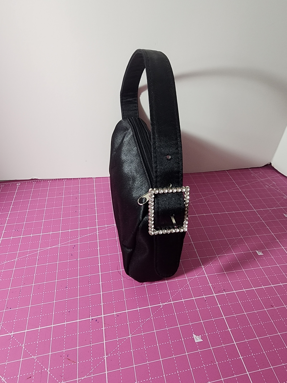 Black Satin Bag with Crystal Buckle Accent